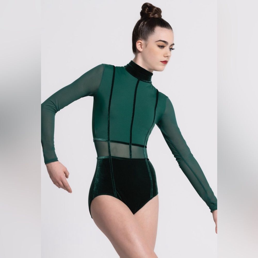Balera Emerald Green Mesh Long Sleeve Leotard | Mock Neck Dance Bodysuit | XSA
